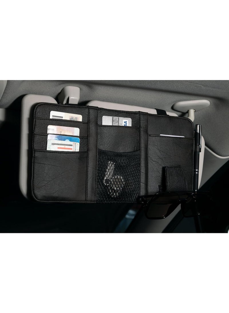 Leather Car Visor Organizer – PU Leather Sun Visor Storage with Card Slots, Mesh Pocket, Magnetic Sunglasses Clip, and Pen Holder – Universal Fit for Cars and SUV (Black) - Image 3