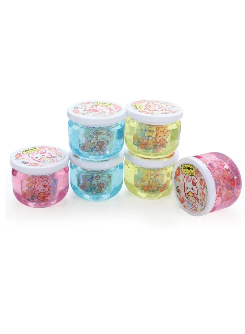 تولي سلايم كريستالي مع خرز ملوّن داخل عبوات دائرية (ألوان متعددة) – 6 قطع × 200 غرام