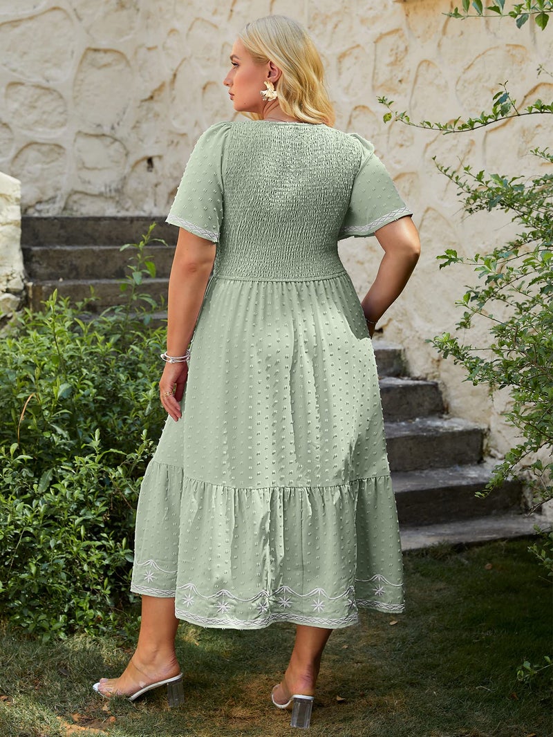 Glamaker Women's Plus Size Summer Casual Short Sleeve Smocked Square Neck A Line Flowy Midi Dress Long Dress Green 4XL - Image 5
