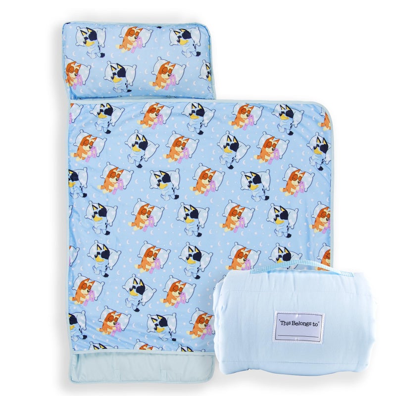 Jay Franco Kids Nap Mat with Embedded Pillow Blanket Soft 46x20 Microfiber Sleeping Bag with Name Tag Handle for School Travel Sleepover Blue Bluey - Image 2