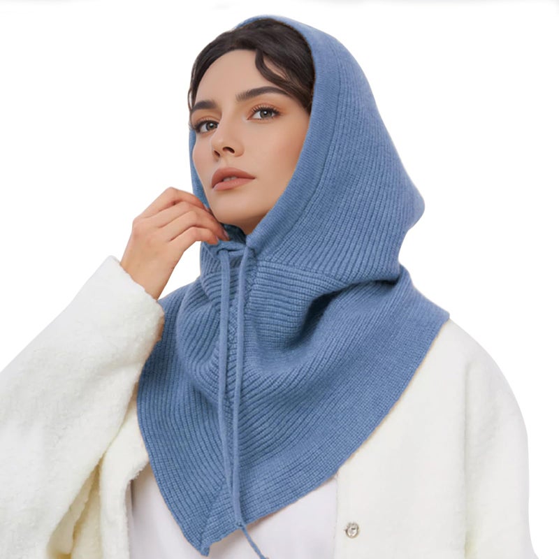 Peicees Oversized Balaclava with Large Shawl Knitted Hooded Scarf Beanie Hat Womens Winter Drawstring Neck Gaiter Fashion XXL Blue - Image 1