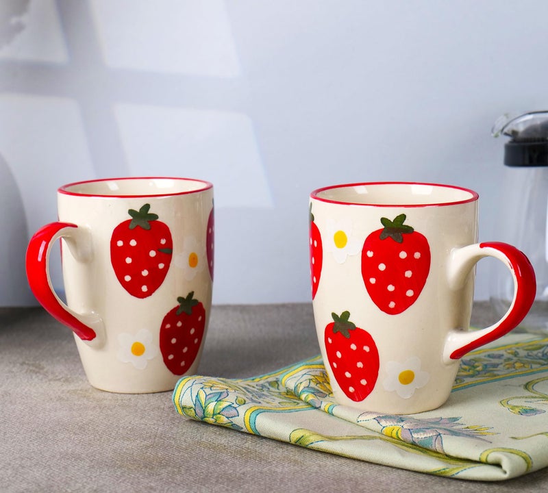 Niyara Stoneware Handmade Premium Ceramic Tea Cups and Coffee Mugs Set of 2 (Strawberry Print) - Image 1
