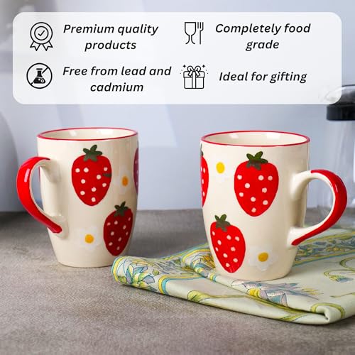 Niyara Stoneware Handmade Premium Ceramic Tea Cups and Coffee Mugs Set of 2 (Strawberry Print) - Image 4