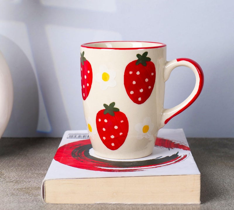 Niyara Stoneware Handmade Premium Ceramic Tea Cups and Coffee Mugs Set of 2 (Strawberry Print) - Image 3
