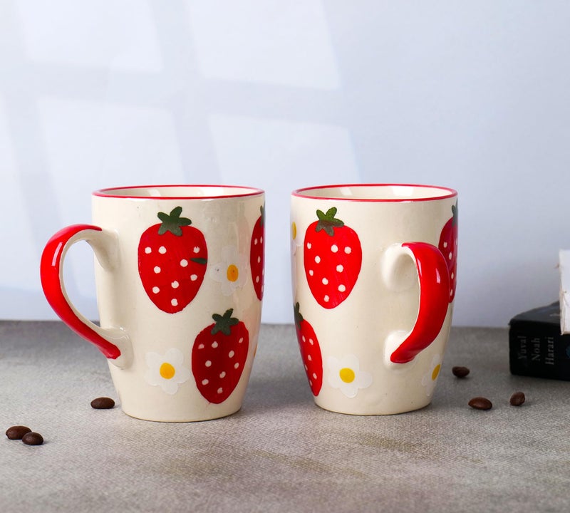 Niyara Stoneware Handmade Premium Ceramic Tea Cups and Coffee Mugs Set of 2 (Strawberry Print) - Image 2
