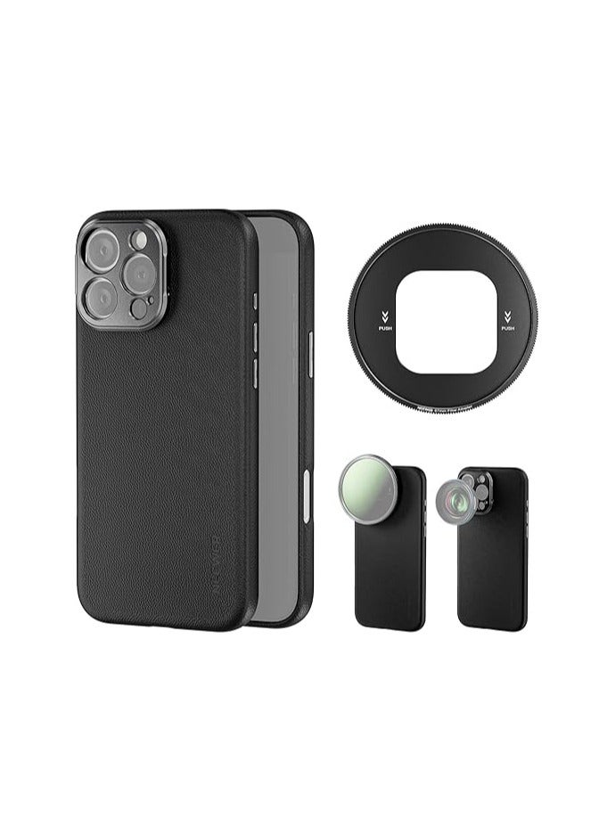 NEEWER Phone Case for 16 Pro , TPU/PC Protective Heavy Duty Case with 17mm Lens Mounts, 67mm Filter Adapter, Nonslip Faux Leather, Compatible with iPhone 16 Pro MagSafe, PA084 Black - Image 1