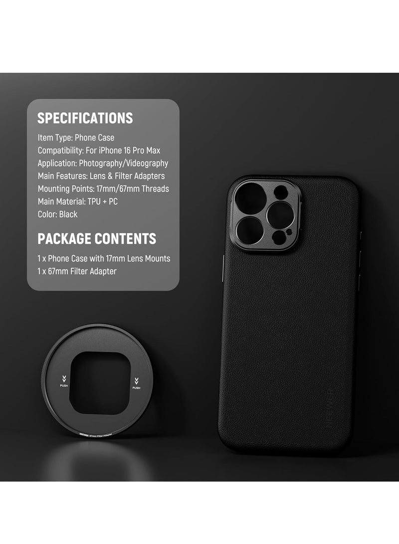 NEEWER Phone Case for 16 Pro , TPU/PC Protective Heavy Duty Case with 17mm Lens Mounts, 67mm Filter Adapter, Nonslip Faux Leather, Compatible with iPhone 16 Pro MagSafe, PA084 Black - Image 4