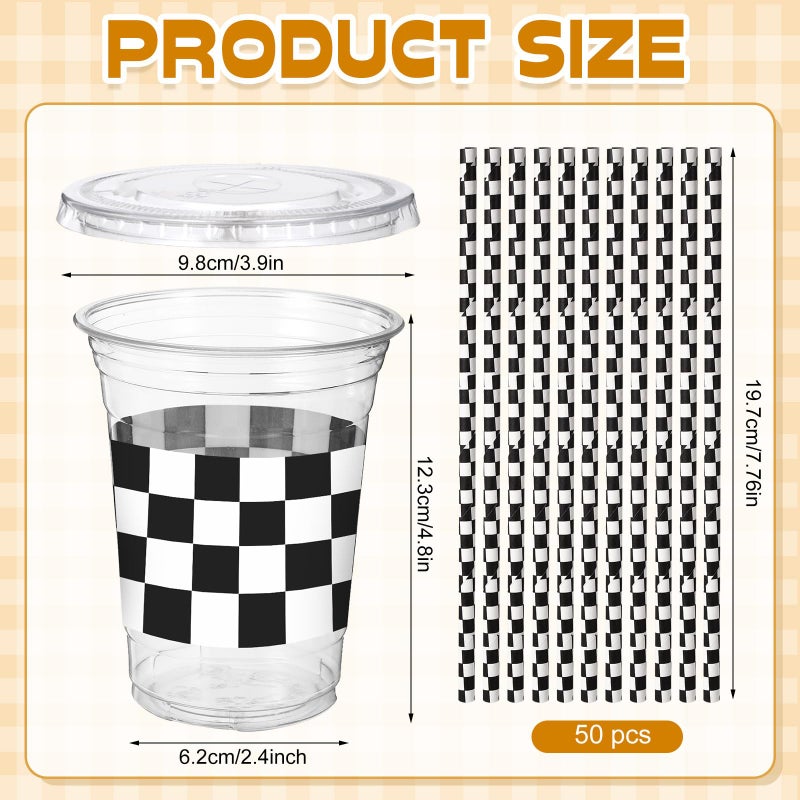 Sliner 50 Sets Christmas Plastic Cups Disposable with Lids and Paper Straws 16 oz Clear Drinking Cups for Xmas Checkered Flag Cow Print Themed Holiday Birthday Party(Checkered Racing Style) - Image 3