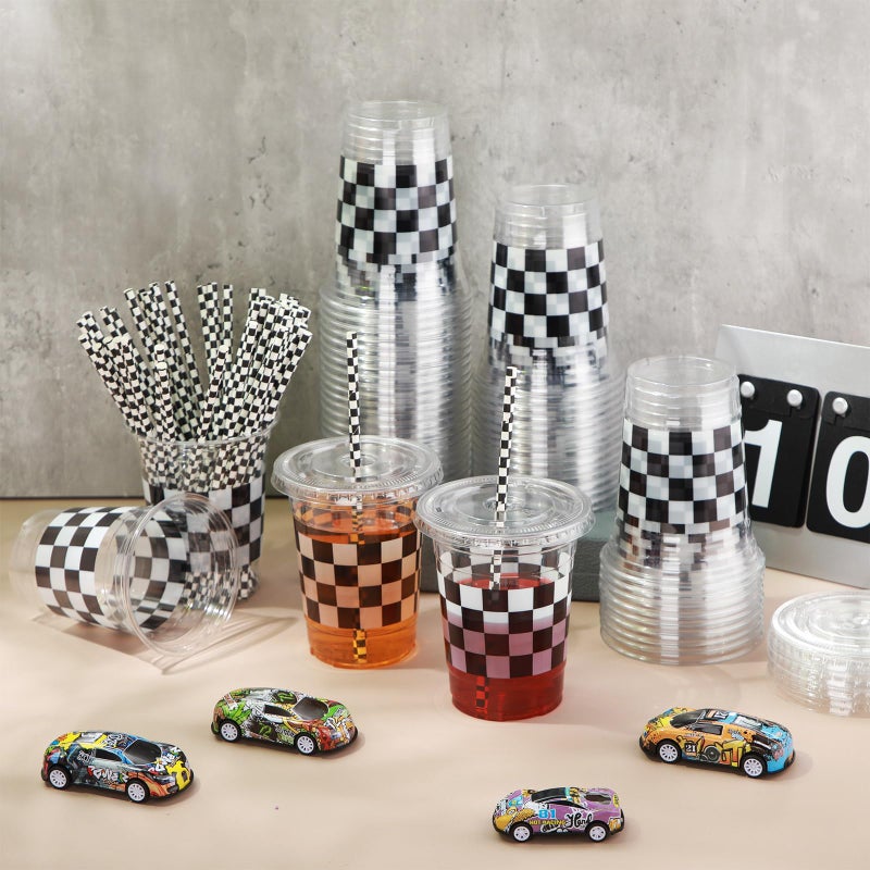Sliner 50 Sets Christmas Plastic Cups Disposable with Lids and Paper Straws 16 oz Clear Drinking Cups for Xmas Checkered Flag Cow Print Themed Holiday Birthday Party(Checkered Racing Style) - Image 4
