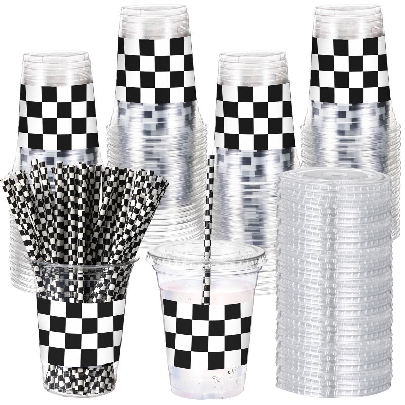 Sliner 50 Sets Christmas Plastic Cups Disposable with Lids and Paper Straws 16 oz Clear Drinking Cups for Xmas Checkered Flag Cow Print Themed Holiday Birthday Party(Checkered Racing Style) - Image 1