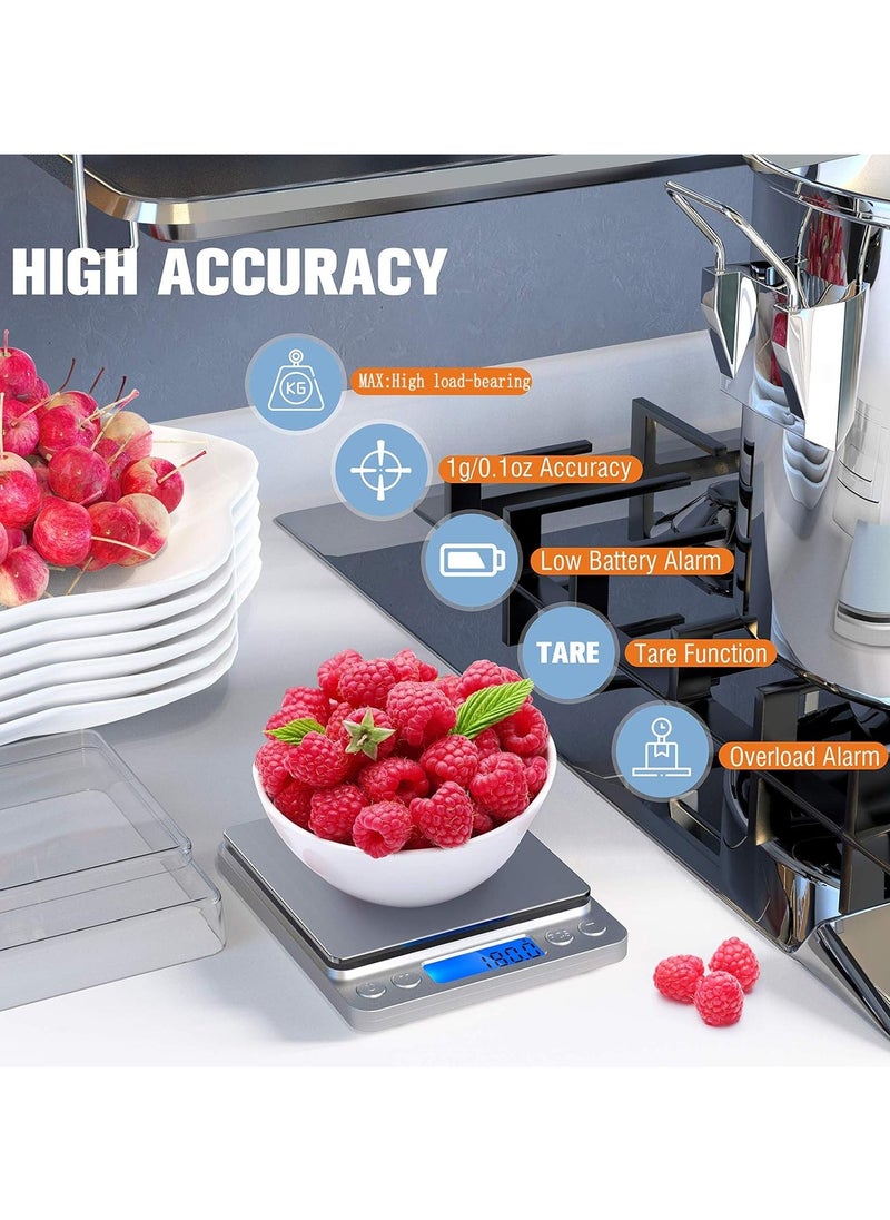 Digital Kitchen Scale Digital Gram Scale 2kg to 0.1g Mini Food Scale Pocket Scale High Accuracy Cooking Scale Waterproof Digital Scale USB Rechargeable LCD Display Tare Function