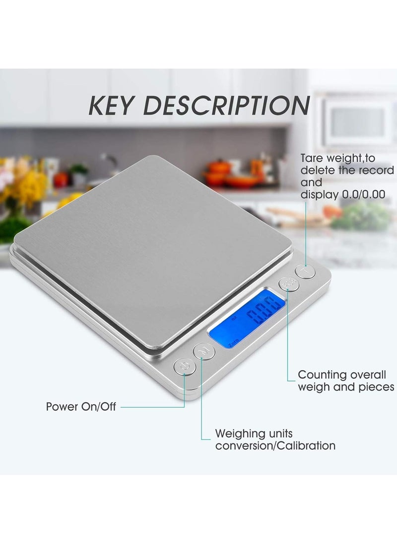 Digital Kitchen Scale Digital Gram Scale 2kg to 0.1g Mini Food Scale Pocket Scale High Accuracy Cooking Scale Waterproof Digital Scale USB Rechargeable LCD Display Tare Function
