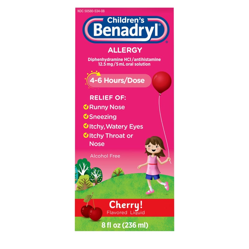 Benadryl دواء بنادريل السائل لتخفيف حساسية الأطفال مع ديفينهيدرامين HCl مضاد الهيستامين لتخفيف حساسية الأطفال، تخفيف فعال للحساسية، بنكهة الكرز، 8 أونصة سائلة - Image 1