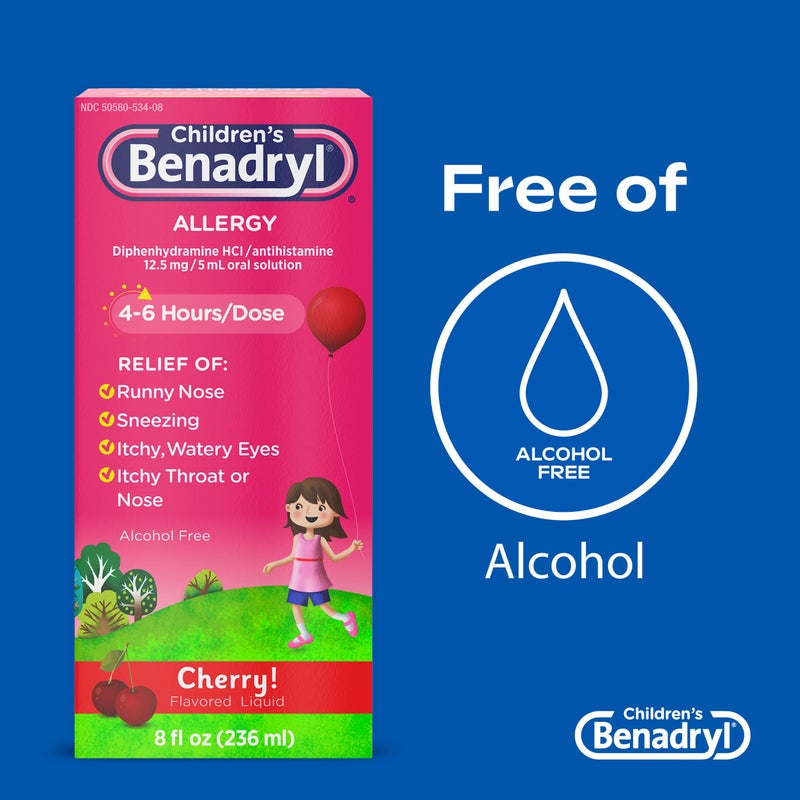 Benadryl دواء بنادريل السائل لتخفيف حساسية الأطفال مع ديفينهيدرامين HCl مضاد الهيستامين لتخفيف حساسية الأطفال، تخفيف فعال للحساسية، بنكهة الكرز، 8 أونصة سائلة - Image 2