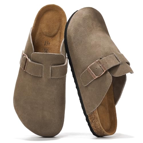 Project Cloud Mens Clogs - Full Grain Genuine Leather Memory Foam Clogs for Men Arch Support Cork Footbed - Non Slip Platform Mules (Brooklyn, TAUPSUEDE, 7) - Image 1