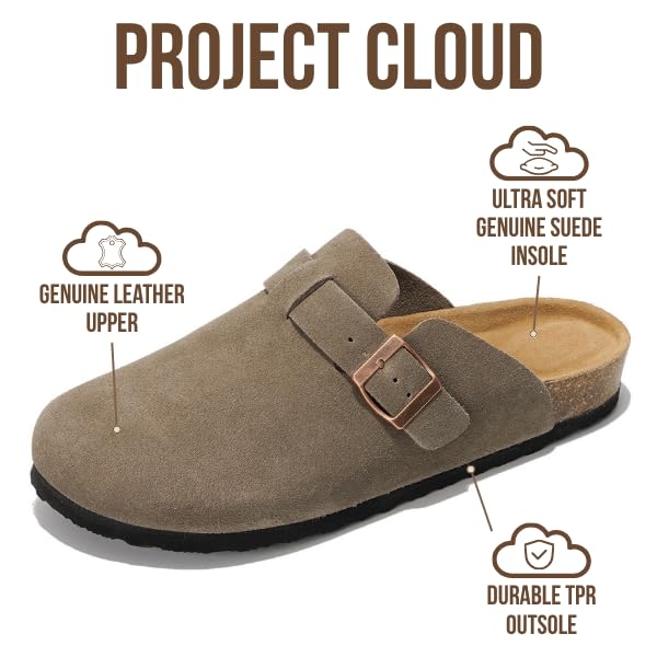 Project Cloud Mens Clogs - Full Grain Genuine Leather Memory Foam Clogs for Men Arch Support Cork Footbed - Non Slip Platform Mules (Brooklyn, TAUPSUEDE, 7) - Image 2