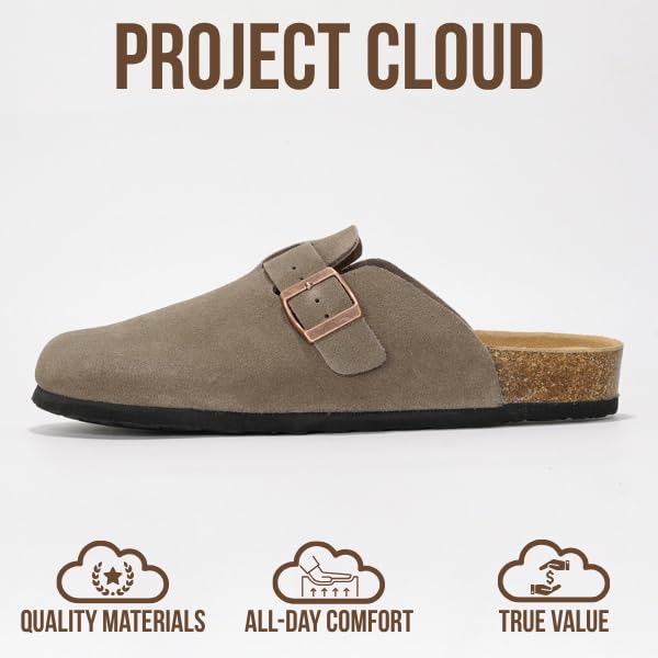 Project Cloud Mens Clogs - Full Grain Genuine Leather Memory Foam Clogs for Men Arch Support Cork Footbed - Non Slip Platform Mules (Brooklyn, TAUPSUEDE, 7) - Image 3
