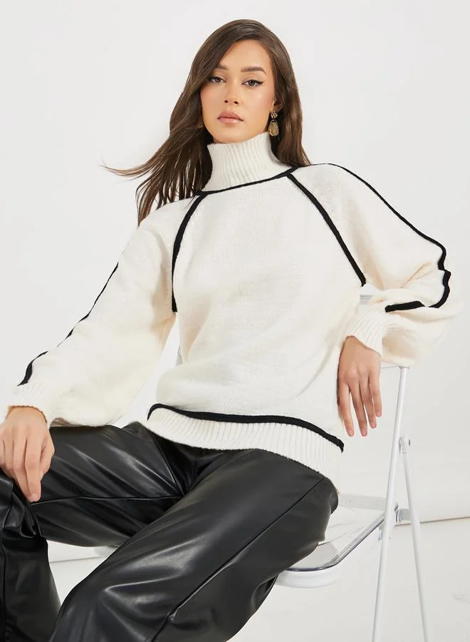 Styli Turtle Neck Knit Top with Balloon Sleeves