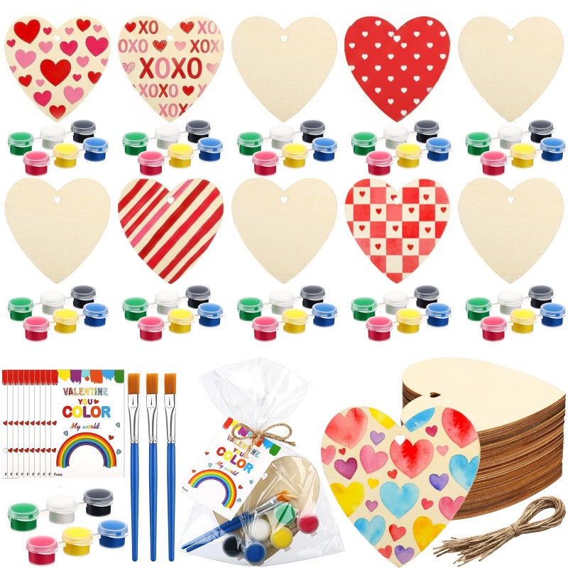 Marspark 24 Sets Valentines Day Painting Gifts DIY Craft Kits Exchange Gifts Unfinished Wooden Hearts 4" Ornaments with Valentines Card Twine Acrylic Paint Gift Bag for Exchange Activity Party Art - Image 1