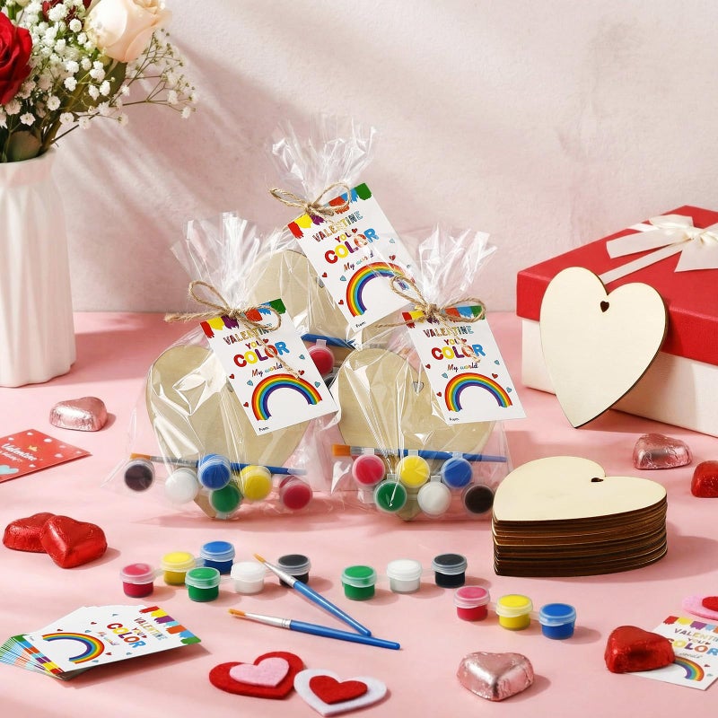 Marspark 24 Sets Valentines Day Painting Gifts DIY Craft Kits Exchange Gifts Unfinished Wooden Hearts 4" Ornaments with Valentines Card Twine Acrylic Paint Gift Bag for Exchange Activity Party Art - Image 2