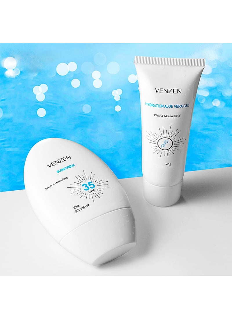 VENZEN - VENZEN 2Pcs Clear Tender Skin Beauty Moisturizing Sunscreen Set SPF35 Face Body Aloe Vera AntiFreckle Isolation UV Protection Summer Skin Care 30ml40g - Image 1