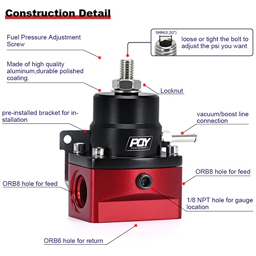 pqy منظم ضغط وقود PQY AN8 خط التغذية و AN6 خط العادم + مجموعة مقياس 0-160 PSI أسود+أحمر - Image 2