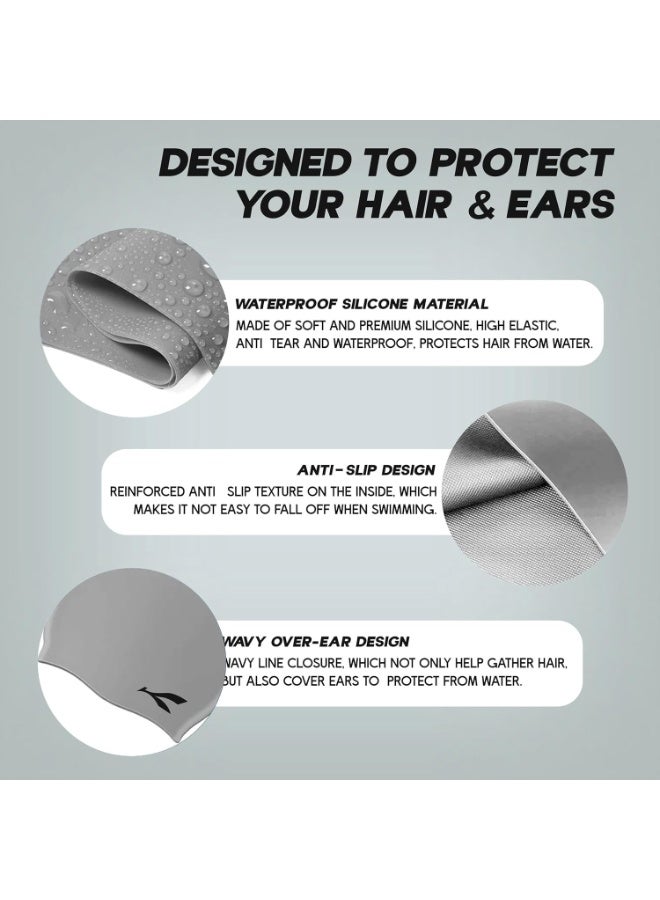 كونيكس قبعة سباحة سيليكون مقاومة للماء للرجال والنساء | قابلة للتمدد وسريعة الجفاف | تمنع شد الشعر والأضرار الكيميائية | مثالية للأطفال والبالغين (رمادي فاتح) - Image 4