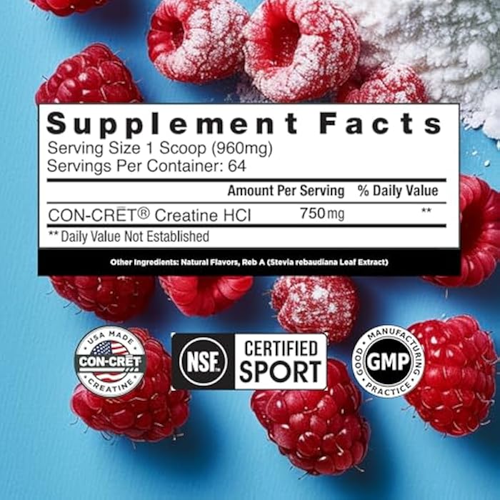 CON-CRET Creatine HCl Powder | Muscle, Cognitive, Cellular Energy Support | No Bloating or Cramps | USA Made & NSF Certified | Raspberry (64 Serving) - Image 3