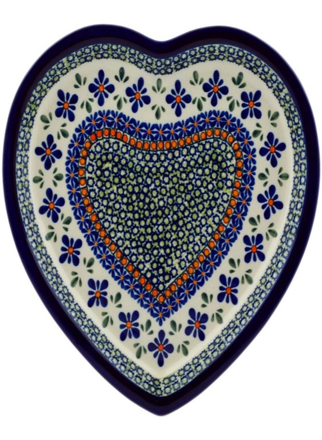 Blue Rose Pottery طبق من الخزف البولندي "بلو روز" - طبق على شكل قلب مزين بزهرة فسيفساء خضراء - 9.5 بوصة × 10.75 بوصة - هدية زينة لحفلات الزفاف والذكرى السنوية والمناسبات الخاصة - Image 1