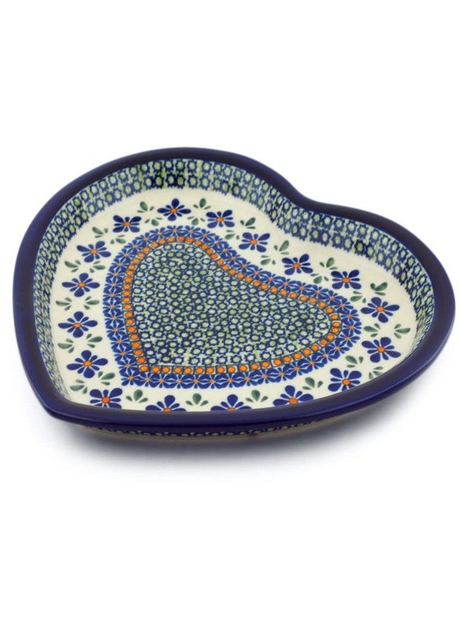 Blue Rose Pottery طبق من الخزف البولندي "بلو روز" - طبق على شكل قلب مزين بزهرة فسيفساء خضراء - 9.5 بوصة × 10.75 بوصة - هدية زينة لحفلات الزفاف والذكرى السنوية والمناسبات الخاصة - Image 2