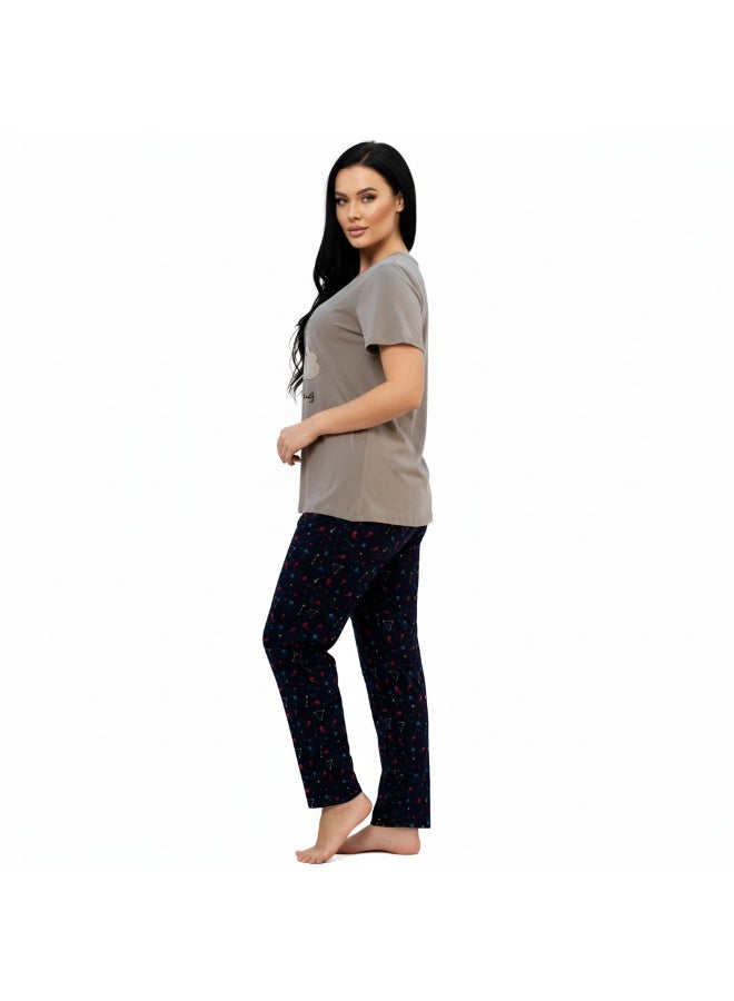 JOANNA Women's Dreaming Print Short Sleeve Shirt & Long Pants Pajama Set, Grey - Image 5