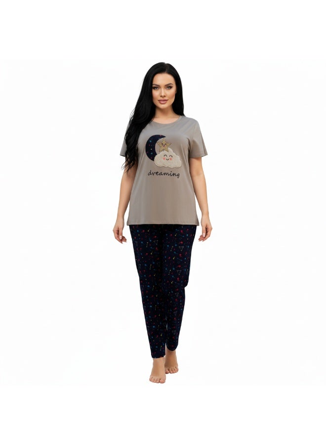 JOANNA Women's Dreaming Print Short Sleeve Shirt & Long Pants Pajama Set, Grey - Image 1