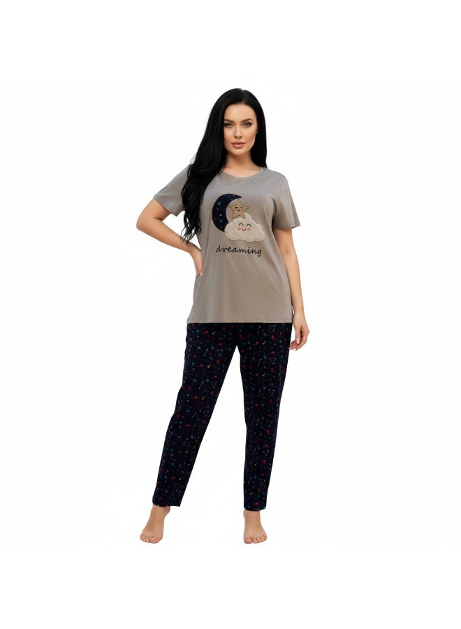 JOANNA Women's Dreaming Print Short Sleeve Shirt & Long Pants Pajama Set, Grey - Image 4