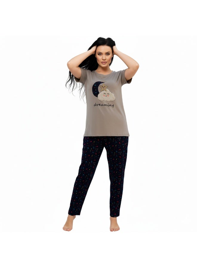 JOANNA Women's Dreaming Print Short Sleeve Shirt & Long Pants Pajama Set, Grey - Image 3