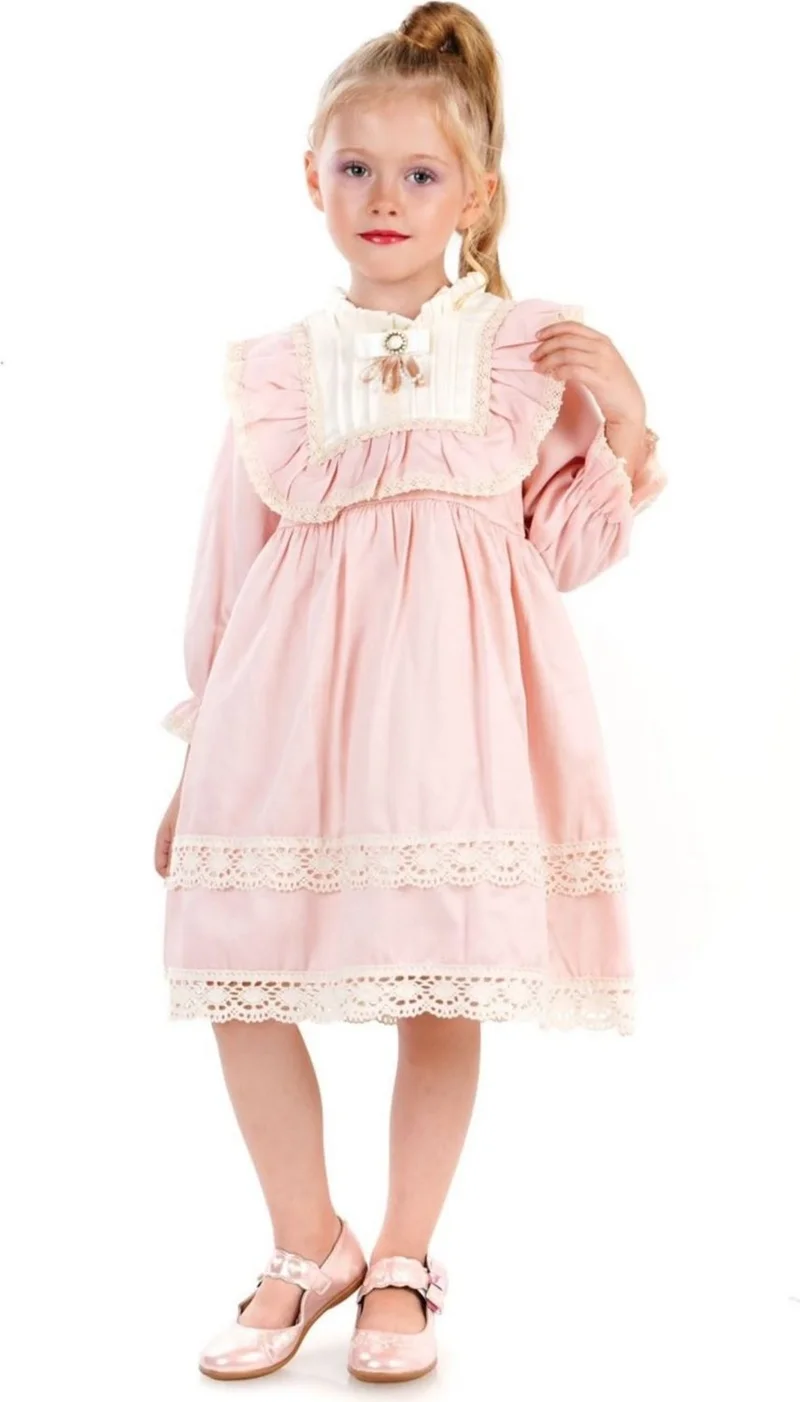 مينيمن جيجيليري My Little One's Cici Laced Scalloped Bow Vitange Girl's Dress - Powder