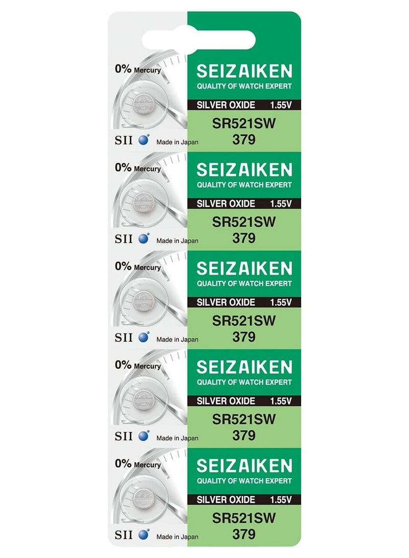 سيزايكن Seizaiken 379 (SR521SW) 0%Mercury Silver Oxide 1.55V Japan Batteries - 5 Pieces