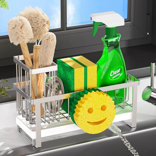 Taugast Sponge Holder for Kitchen Sink,Sink Caddy with Removable Dish Brush Holder,Self-Draining Kitchen Countertop Organizers and Storage Essentials,Soap Dispenser Organize and Home Decor-Silver - Image 1