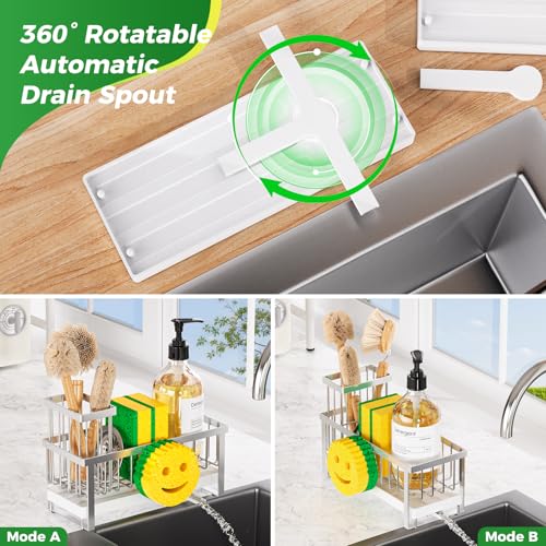 Taugast Sponge Holder for Kitchen Sink,Sink Caddy with Removable Dish Brush Holder,Self-Draining Kitchen Countertop Organizers and Storage Essentials,Soap Dispenser Organize and Home Decor-Silver - Image 4