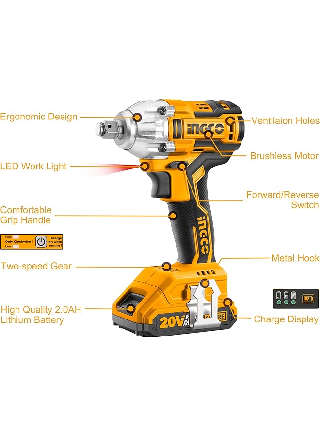 INGCO 20V Cordless Impact Wrench Set, 1/2 Inch Brushless Impact Wrench With 2Pcs Batteries 1Pc Hour Fast Charger 3Pcs Sockets 1Pc Bag Ciwli2001A - Image 5