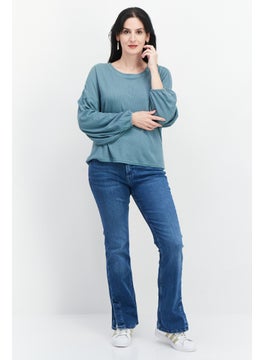 Weatherproof Women Round Neck Long Sleeves Textured Top, Green  - Image 4
