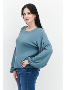 Weatherproof Women Round Neck Long Sleeves Textured Top, Green  - Image 2