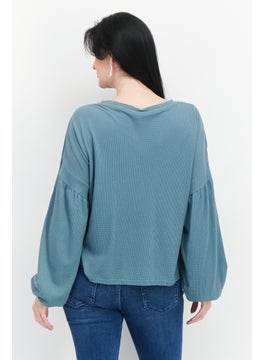 Weatherproof Women Round Neck Long Sleeves Textured Top, Green  - Image 3