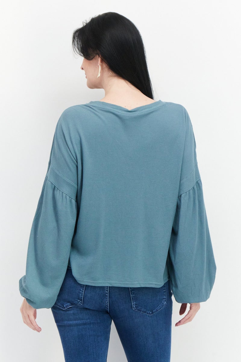 Weatherproof Women Round Neck Long Sleeves Textured Top, Green - Image 3