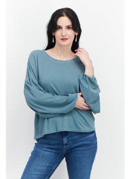 Weatherproof Women Round Neck Long Sleeves Textured Top, Green  - Image 1