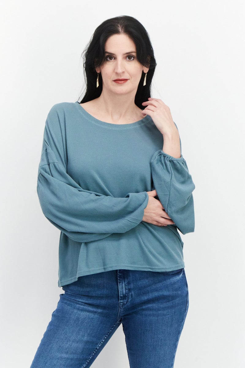 Weatherproof Women Round Neck Long Sleeves Textured Top, Green - Image 1