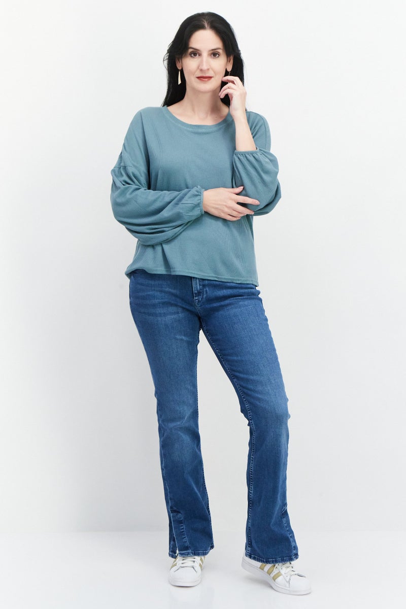Weatherproof Women Round Neck Long Sleeves Textured Top, Green - Image 4