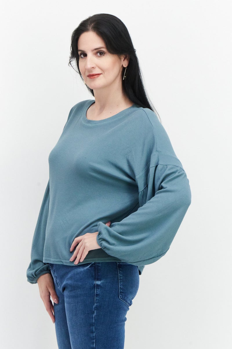 Weatherproof Women Round Neck Long Sleeves Textured Top, Green - Image 2