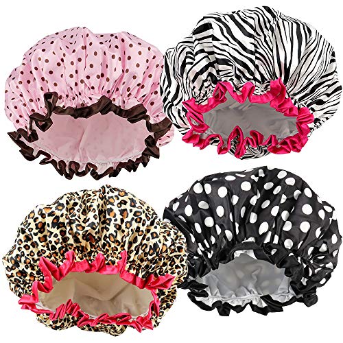 TCOTBE 4 Pieces Shower Cap for Women, Elastic and Reusable, Environmental Protection Hair Bath Caps, Double Waterproof Layers Bathing Hat - Image 1