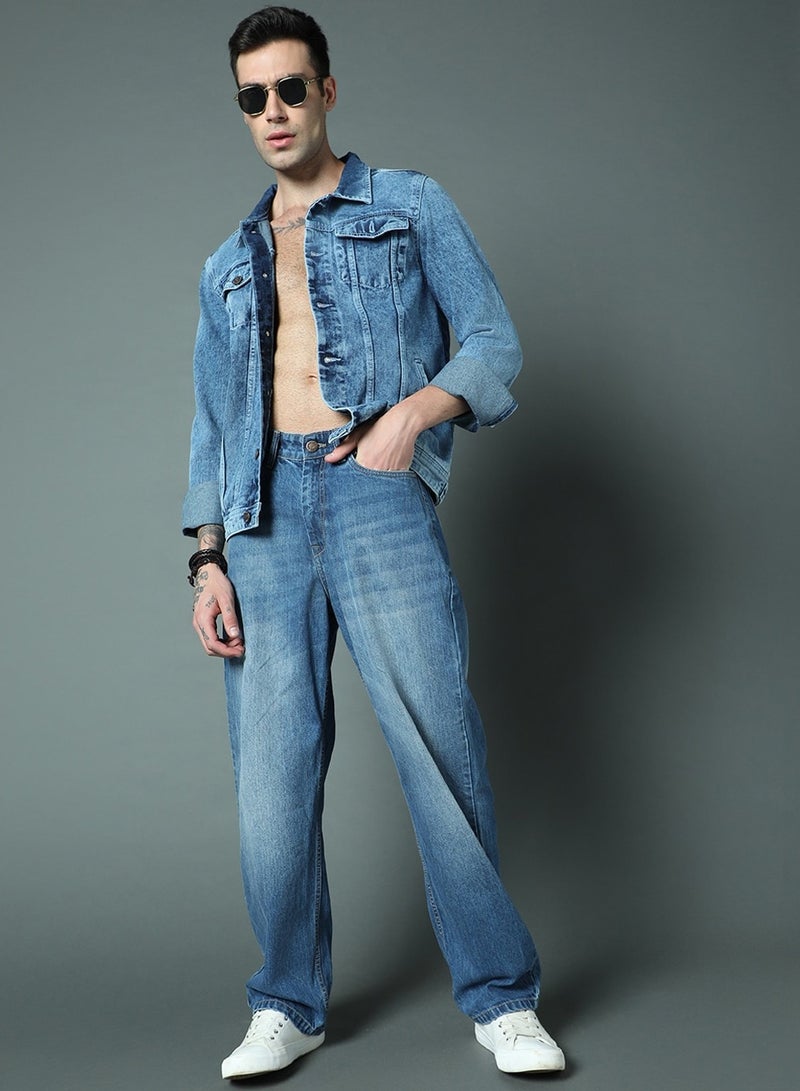 HIGH STAR Blue Wide Leg Light Fade Stretchable Jeans for Men, Cotton - Image 1