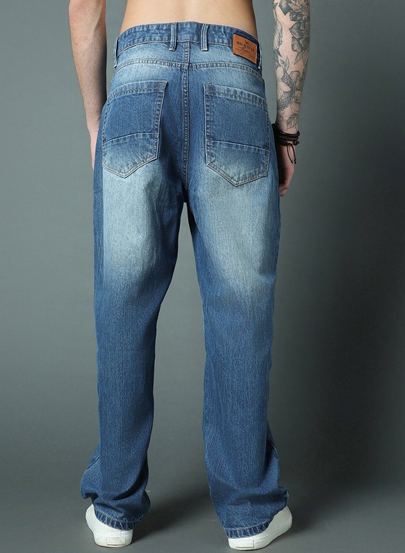 HIGH STAR Blue Wide Leg Light Fade Stretchable Jeans for Men, Cotton - Image 3
